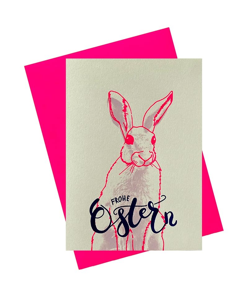 Hier ist ein Bild von: Pink Stories - Handgedruckte Klappkarte "Frohe Ostern" pink im RAUM concept store.