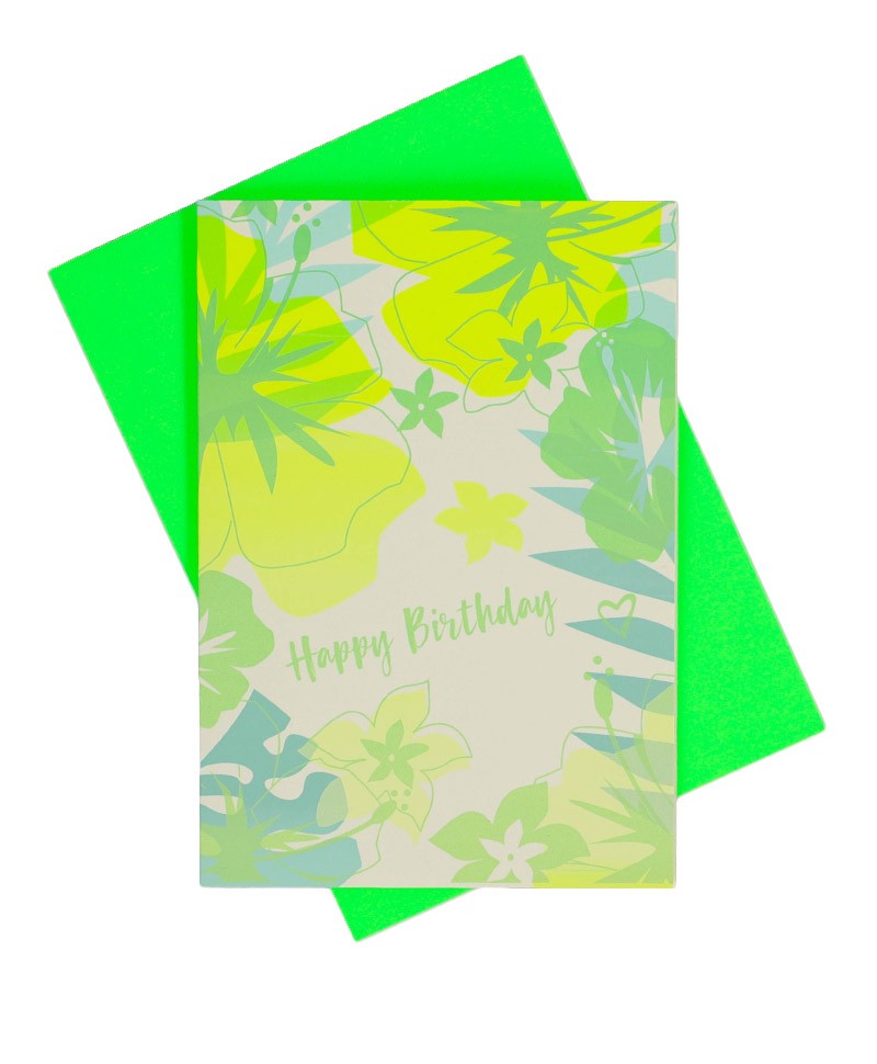 Klappkarte "Happy Birthday" in grün blau gelb mit Hibiskus, Palmenblättern und Monstera
