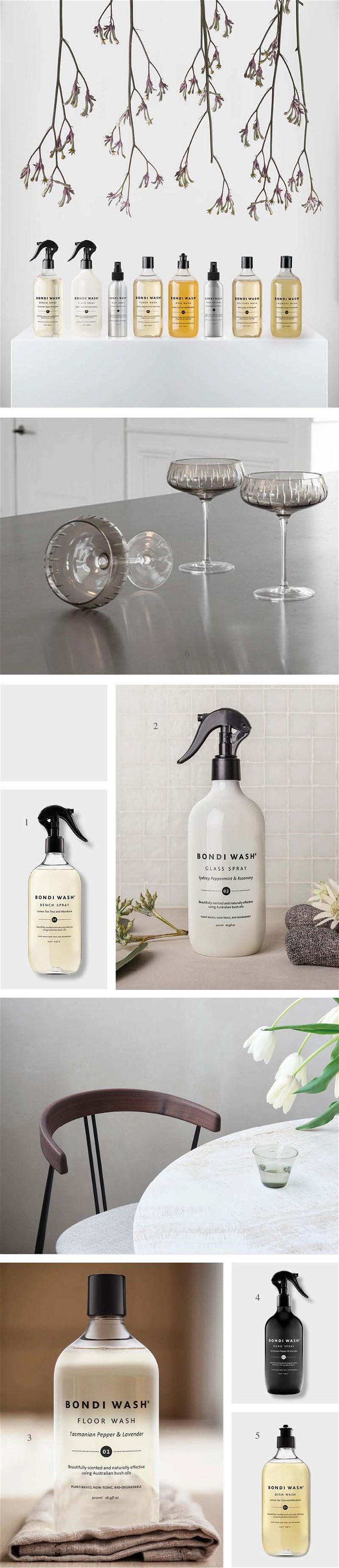 Fotocollage, die diverse Produkte von Bondi Wash nebeneinander aufgereiht zeigt