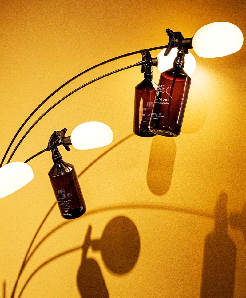 Moodbild, das drei Raumdüfte von Zenology zeigt, die  vor einem orangefarbenen Hintergrund dekorativ an einer Lampe hängen