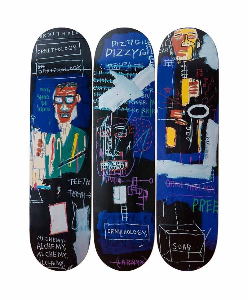 Horn Players von Jean Michel Basquiat als Kunstwerk auf einem Skateboard von The Skateroom