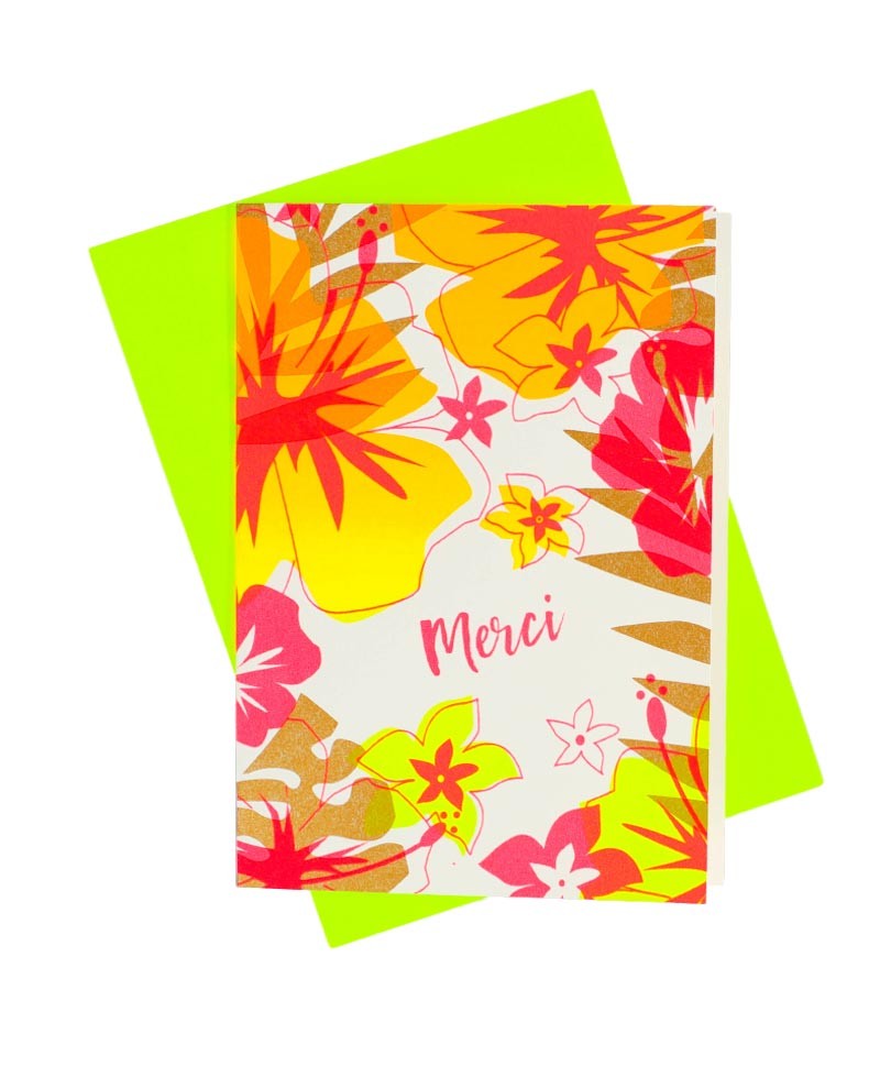 PinkStories Klappkarte "Merci" in pink orange gold mit Hibiskus, Palmenblättern und Monstera