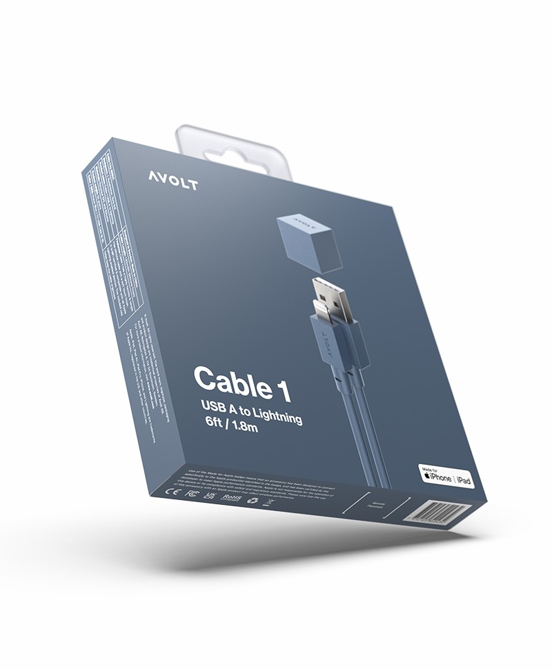 Hier abgebildet ist die Verpackung der Cable 1 von Avolt in ocean blue – im Onlineshop RAUM concept store