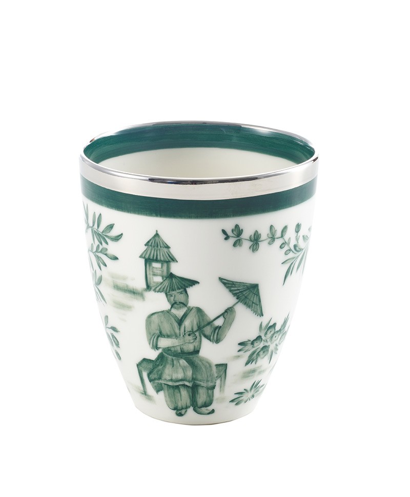 Hier sehen Sie: Handbemalte Porzellan Vase Chinese grün mit Platinrand 