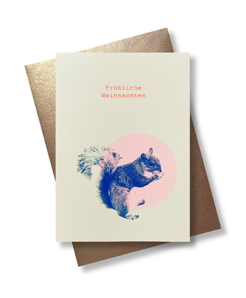 Hier sehen Sie: Handgedruckte Klappkarte Eichhörnchen von Pink Stories