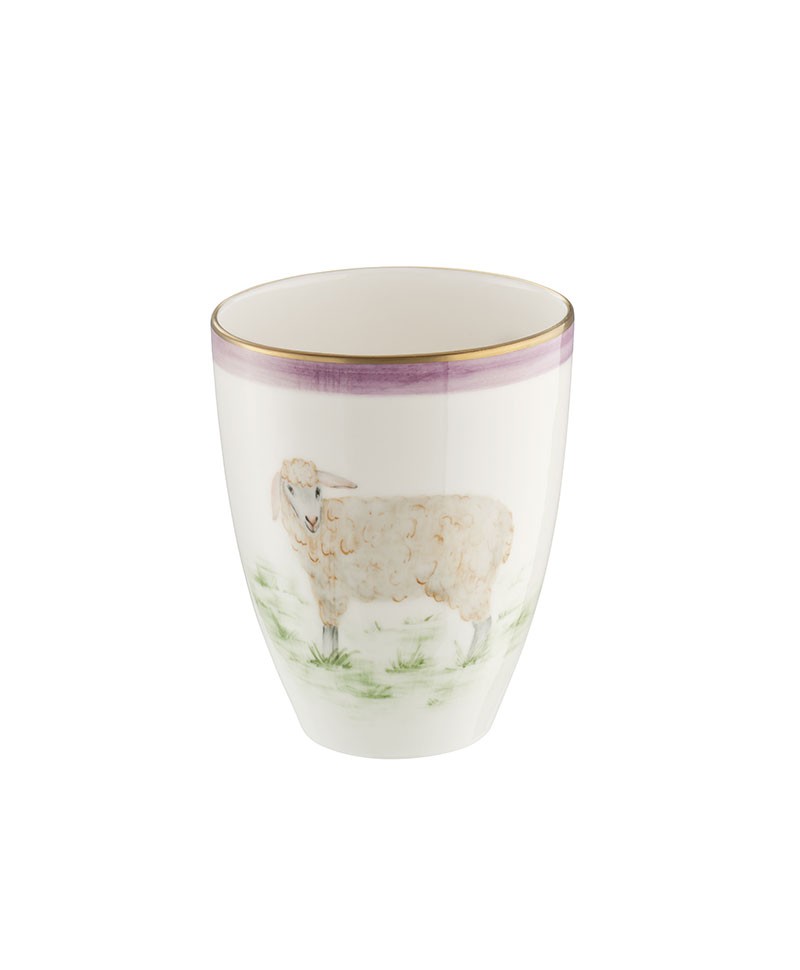 Hier sehen Sie: Vase mit handbemalten Ostermotiv Schaf mit Farb-, und Goldrand 