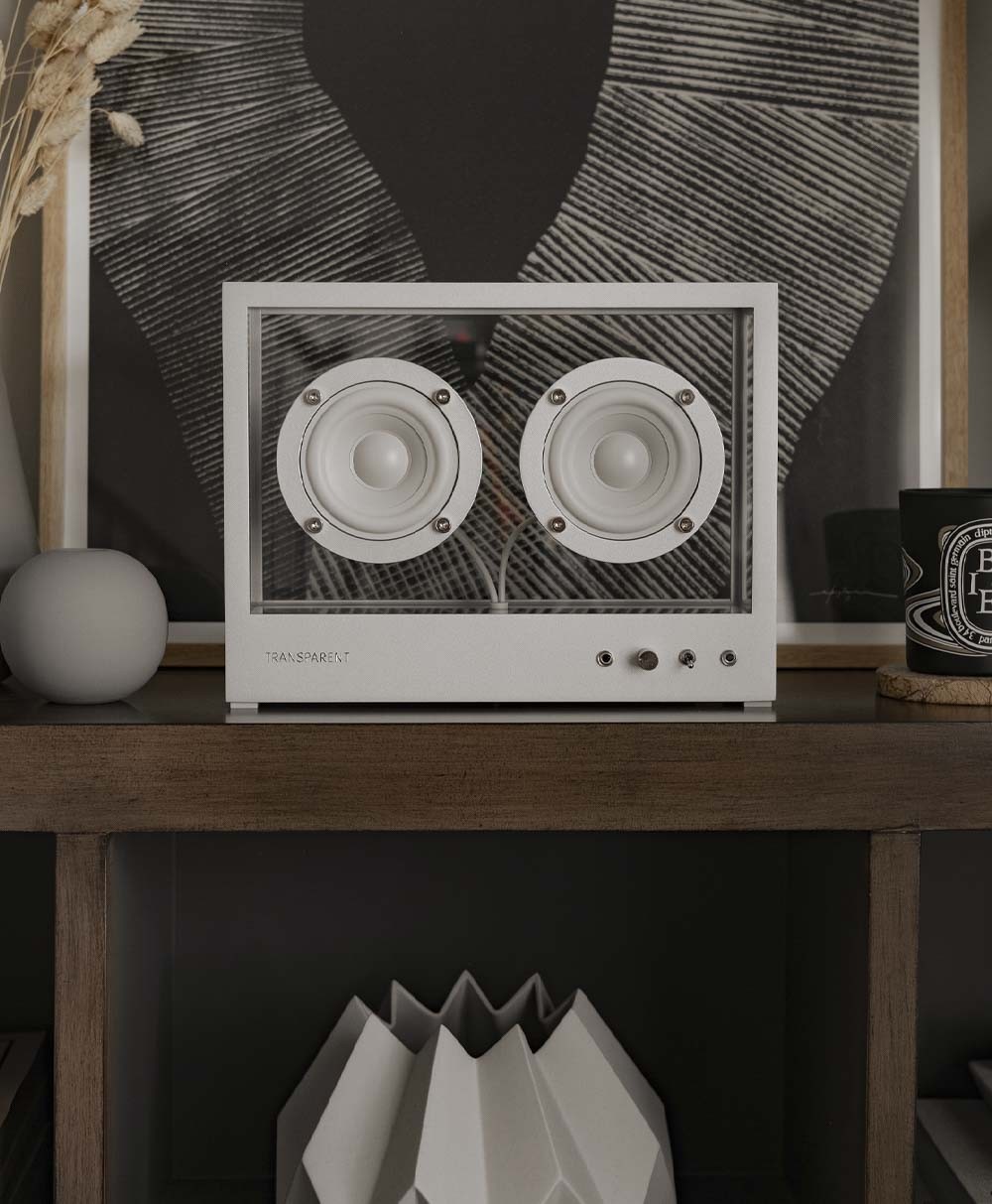 Hier ist ein Moodfoto des kleinen Transparent Speakers in der Farbe Metal (grau) von der Marke Transparent Sound zu sehen – im Onlineshop RAUM concept store