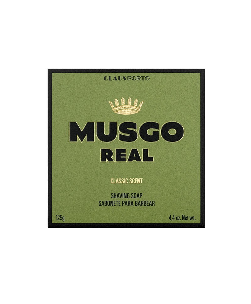 Hier sehen Sie: Rasierseife Classic Scent in geprägter Stahldose – Musgo Real 