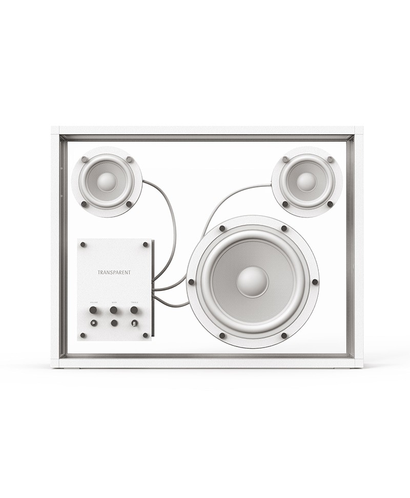 Hier ist ein Produktfoto des großen Transparent Speakers in der Farbe White von der Marke Transparent Sound zu sehen – im Onlineshop RAUM concept store