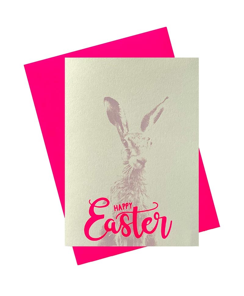 Hier ist ein Bild von: Pink Stories - Handgedruckte Klappkarte "Happy Easter" grau im RAUM concept store.