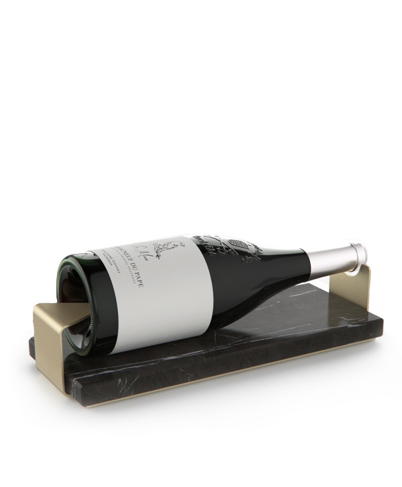 Hier sehen Sie ein Bild des schwarzen WINE STAND Weinflaschenhalter aus Marmor und Stahl von Fold Furniture im RAUM concept store.