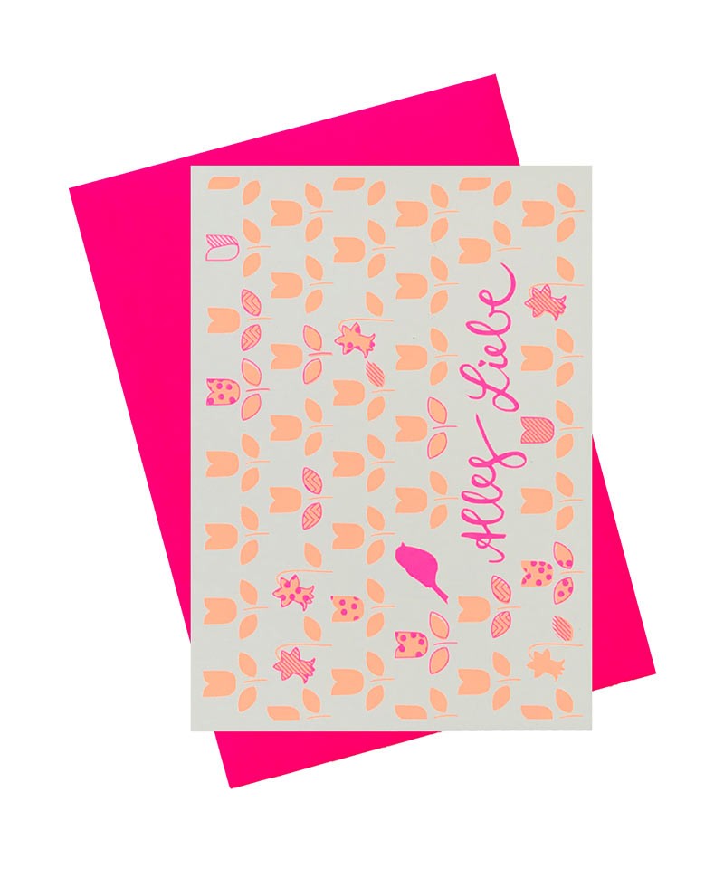 Hier sehen Sie: Handgedruckte Klappkarte "Alles Liebe" von Pink Stories