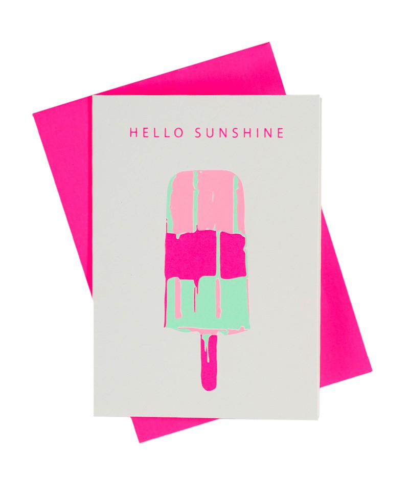 Klappkarte "Hello Sunshine" mit Eis am Stiel Aufdruck in den Neonfarben rosa, pink und Minze