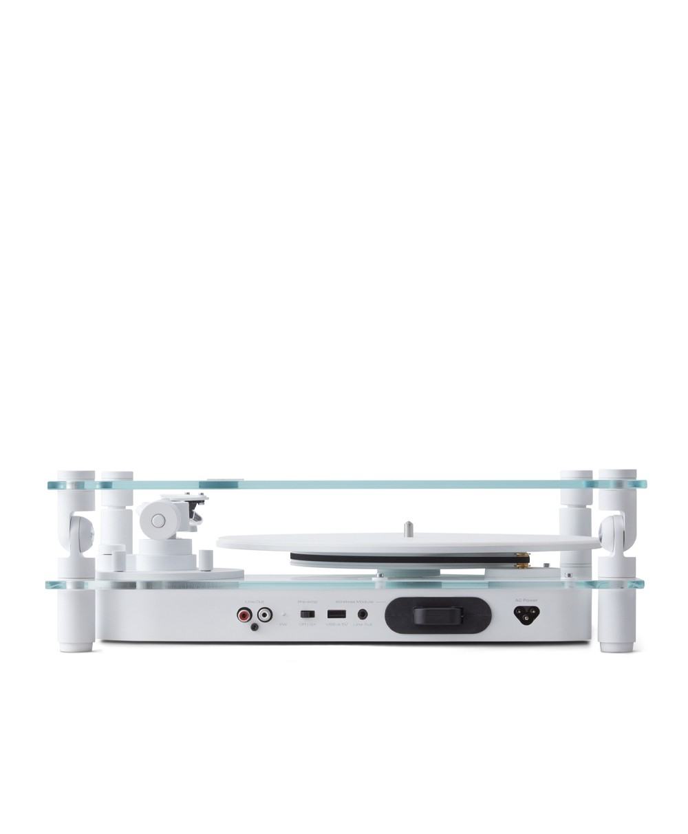 Hier ist ein Produktfoto des Transparent Turntables in der Farbe White von der Marke Transparent Sound zu sehen – im Onlineshop RAUM concept store