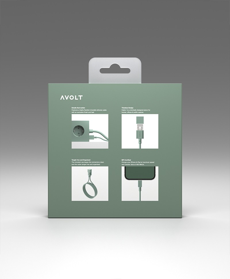 Hier abgebildet ist die Verpackung des Cable 1 von Avolt in Oak Green – im Onlineshop RAUM concept store