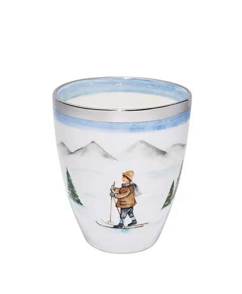 Hier sehen Sie: Handbemalte Porzellan Vase Skifahrer Junge Nostalgie mit Platinrand von Sofina Porzellan