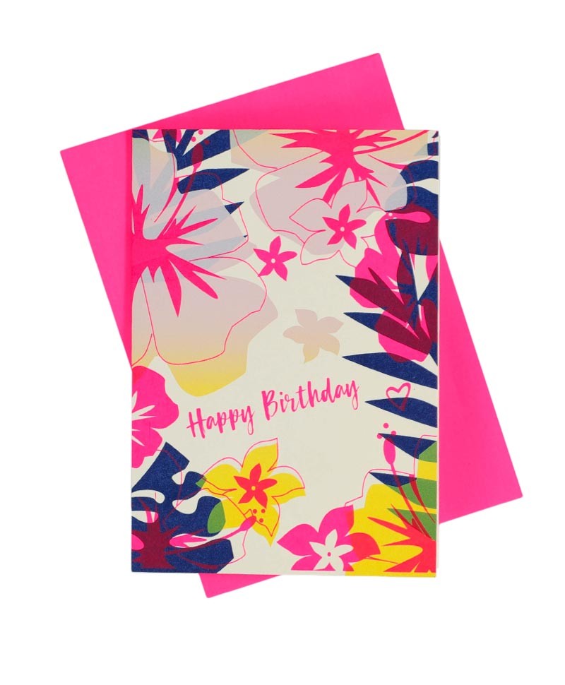 Klappkarte "Happy Birthday" in pink blau gelb mit Hibiskus, Palmenblättern und Monstera