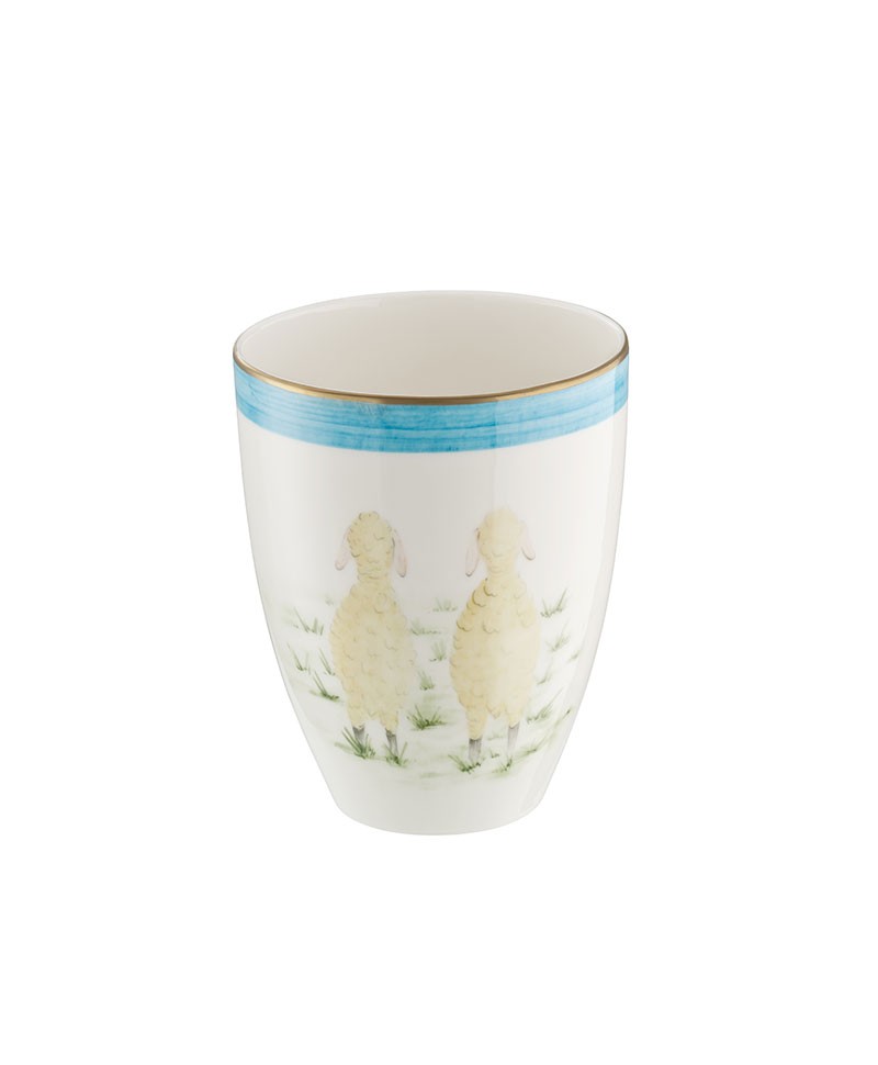 Hier sehen Sie: Vase mit handbemalten Ostermotiv Schafe mit Farb-, und Goldrand von Sofina Porzellan