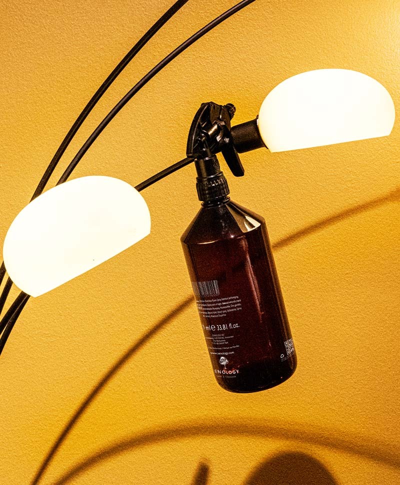 Moodbild, das einen Raumduft von Zenology zeigt, der  vor einem orangefarbenen Hintergrund dekorativ an einer Lampe hängt
